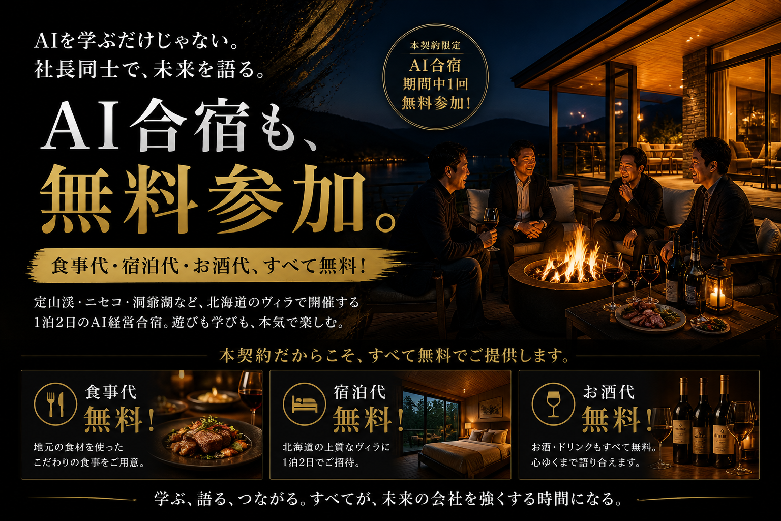 AI合宿も、無料参加。— 本契約だからこそ、食事代・宿泊代・お酒代すべて無料。定山渓・ニセコ・洞爺湖など、北海道のヴィラで開催する1泊2日のAI経営合宿